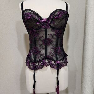 Vintage Corset Bustier Lace Whimsigoth Witchy Sexy Ribbons Purple Black size 38